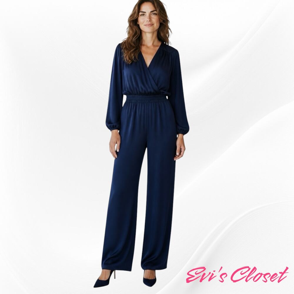 MANGO MNG Satin Wrap Jumpsuit Navy Long Sleeve Snap Closure Women’s Size S